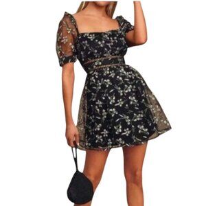 Lulus Love Black Pink Green Floral Embroidered Short Sleeve Skater Dress Med NWT